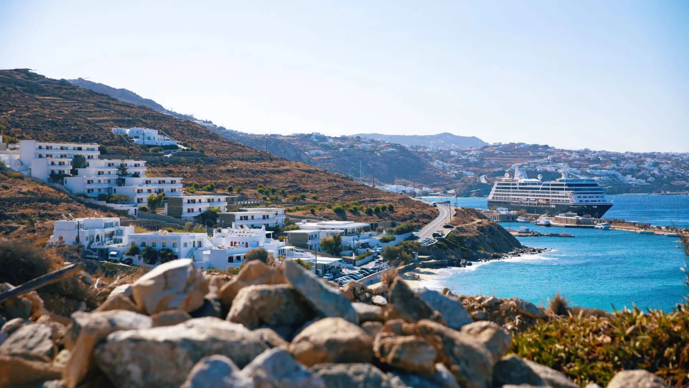 Azamara Quest anchored off Mykonos