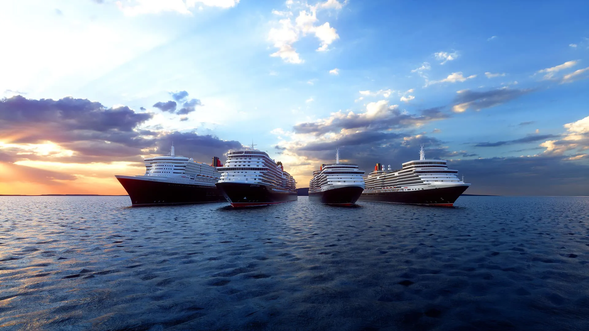 Cunard's Queens together at twilight