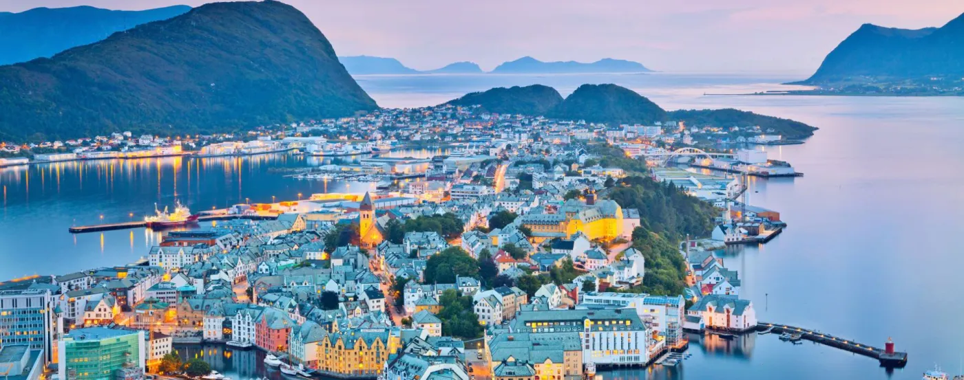 A green Norwegian fjord and village