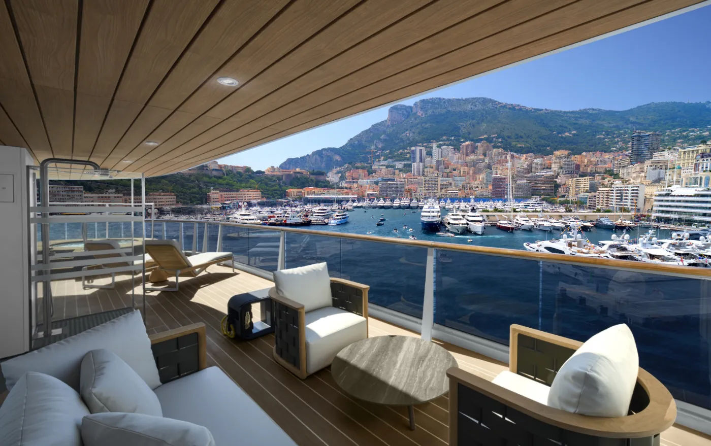 A suite terrace on an Explora Journeys ship looking over Monaco