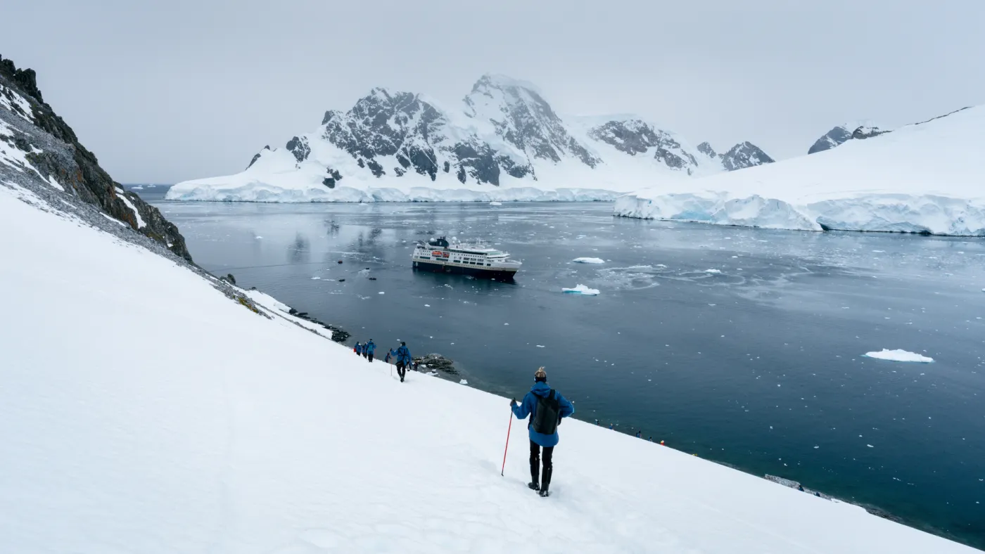 An HX ship in Orne Harbour, Antarctica