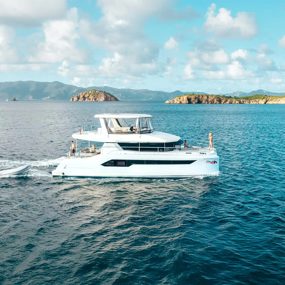 A Moorings power catamaran at anchor