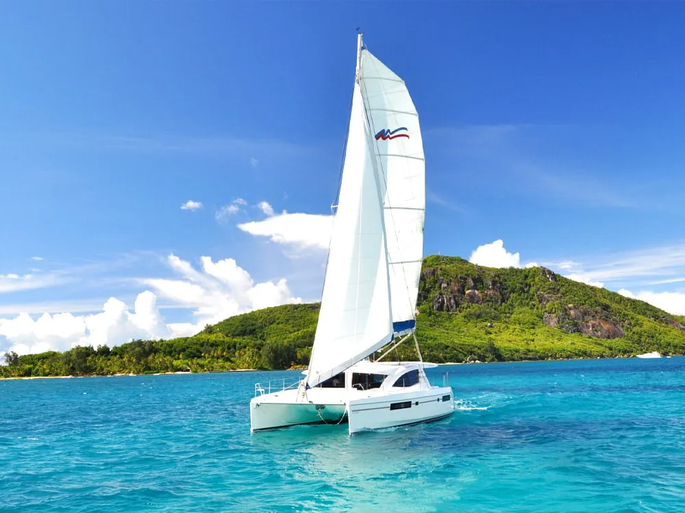 A catamaran off a Seychelles island