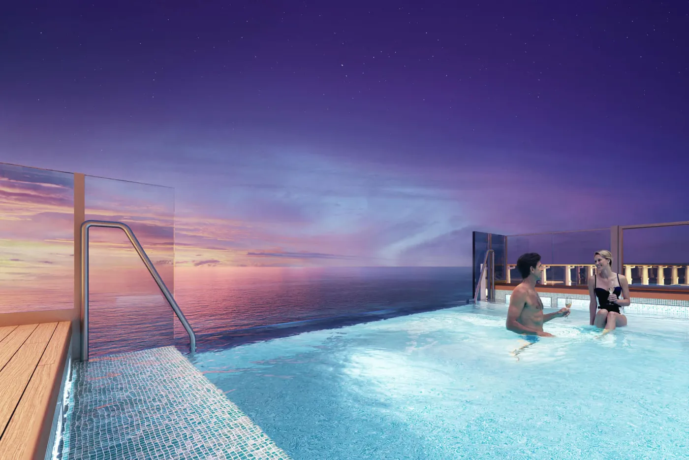 Guests at the Infinity Beach pool on an NCL Prima-class ship