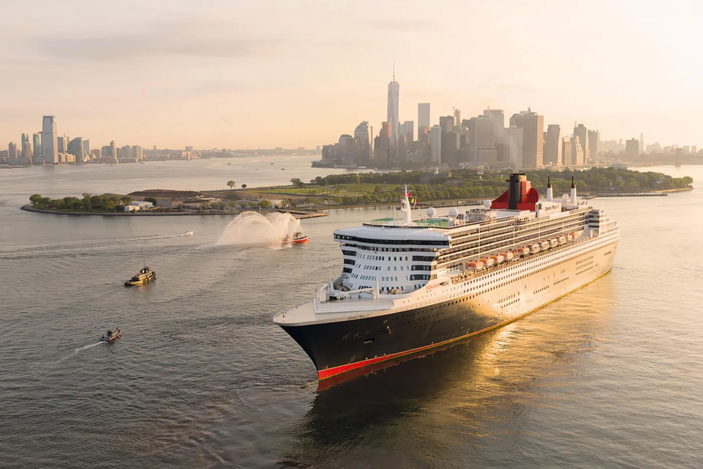 Queen Mary 2 arriving in New York at sunrise after crossing the Atlantic